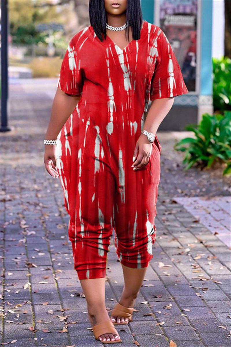 

Red Fashion Casual Print Basic V Neck Regular Jumpsuits