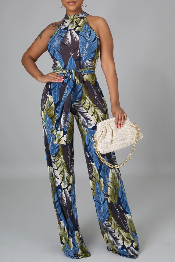Turquoise Sexy Print Patchwork Halter Straight Jumpsuits