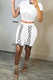 White Sexy Solid Mesh Half A Turtleneck Short Sleeve Two Pieces