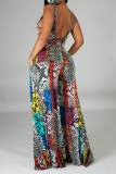 Snake Print Sexy Print Patchwork Spaghetti Strap Loose Jumpsuits