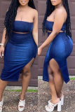 Dark Blue Sexy Casual Solid Backless Slit Strapless Sleeveless Two Pieces