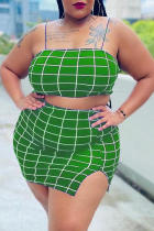 Green Sexy Casual Letter Print Backless Spaghetti Strap Plus Size Two Pieces