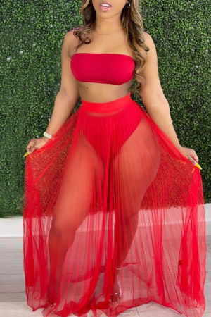Red Fashion Sexy Solid Patchwork Backless Strapless Sleeveless Two Pieces Swimwears