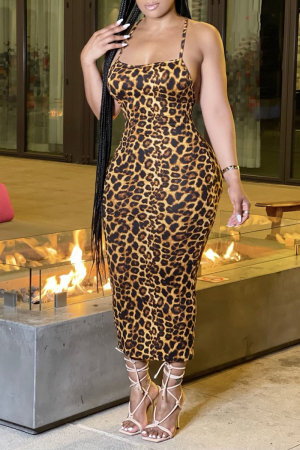 Leopard Print Sexy Print Patchwork Spaghetti Strap Pencil Skirt Dresses