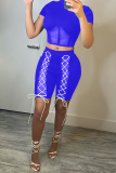 Blue Sexy Solid Mesh Half A Turtleneck Short Sleeve Two Pieces