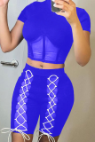 Blue Sexy Solid Mesh Half A Turtleneck Short Sleeve Two Pieces