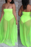 Fluorescent Green Sexy Solid Mesh Strapless Cake Skirt Dress Swimwear