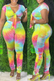 Red Yellow Fashion Casual Tie Dye Printing V Neck Plus Size Two Pieces
