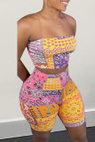 Yellow Fashion Sexy Print Backless Strapless Sleeveless Two Pieces