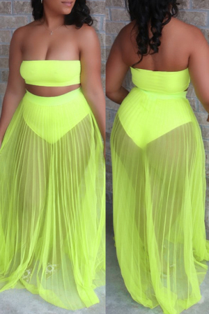 Fluorescent Green Fashion Sexy Solid Split Joint Backless Strapless Sleeveless Two Pieces Swimwears