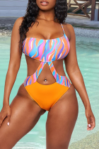 Tangerine Red Sexy Print Hollowed Out Split Joint Swimwears