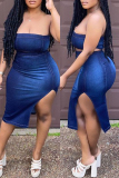 Dark Blue Sexy Casual Solid Backless Slit Strapless Sleeveless Two Pieces