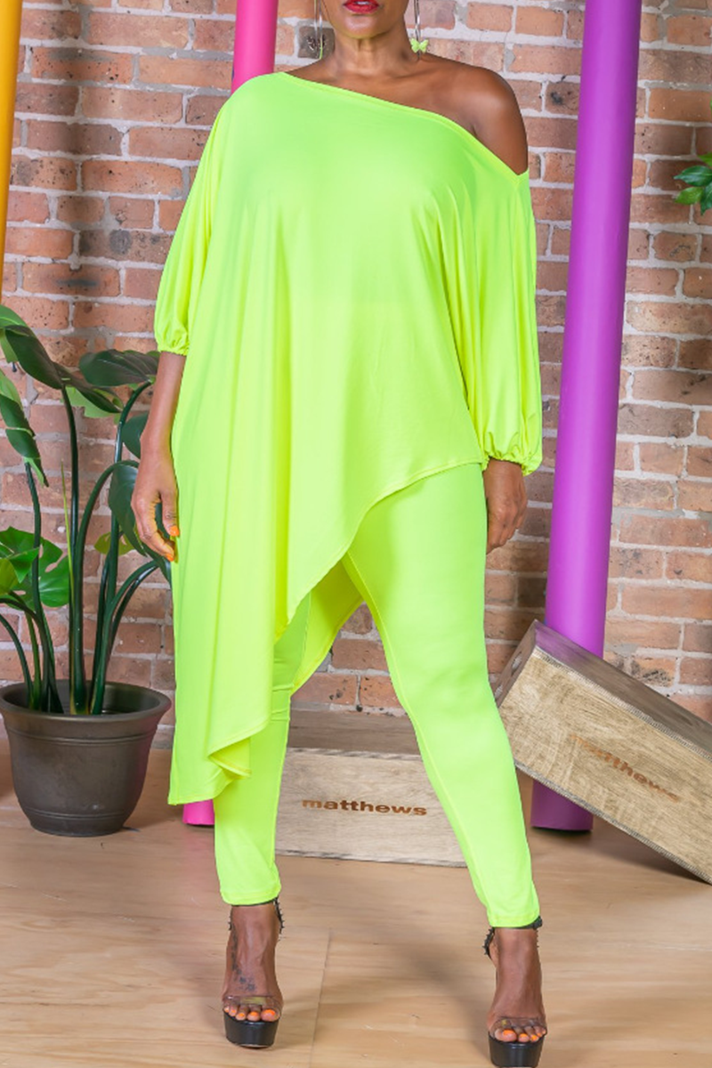 

Fluorescent Green Casual Solid Split Joint Off the Shoulder Long Sleeve Two Pieces