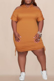 Blue Fashion Casual Plus Size Solid Hollowed Out V Neck Short Sleeve Dress