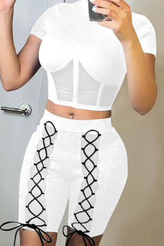White Sexy Solid Mesh Half A Turtleneck Short Sleeve Two Pieces