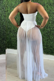 White Sexy Solid Mesh Strapless Cake Skirt Dress Swimwear