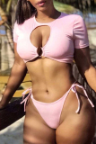 Pink Fashion Sexy Solid Hollowed Out Strap Design Swimwears