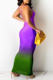 Purple Sexy Gradual Change Print Backless Spaghetti Strap Sleeveless Dress