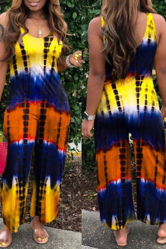 Yellow Casual Print Patchwork U Neck Loose Jumpsuits