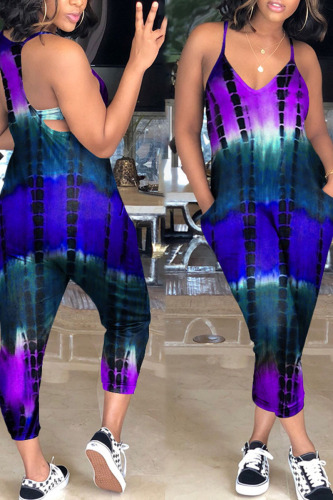 Purple Casual Print Patchwork Pocket Spaghetti Strap Loose Jumpsuits