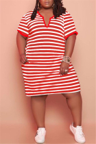 Red Fashion Casual Plus Size Striped Print Basic V Neck Short Sleeve Dress