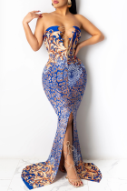 Blue Sexy Print High Opening Strapless Trumpet Mermaid Dresses