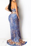 Blue Sexy Print High Opening Strapless Trumpet Mermaid Dresses