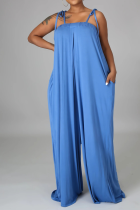 Blue Casual Solid Patchwork Spaghetti Strap Straight Jumpsuits