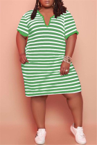 Green Fashion Casual Plus Size Striped Print Basic V Neck Short Sleeve Dress