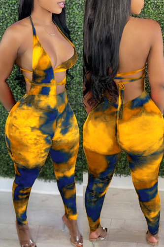 Yellow Fashion Sexy Print Tie Dye Backless Strap Design Halter Sleeveless Two Pieces
