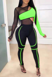 Fluorescent Green Sexy Patchwork Hollowed Out Mesh O Neck Long Sleeve Two Pieces