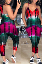 Red Casual Print Patchwork Pocket Spaghetti Strap Loose Jumpsuits
