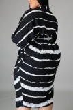 Black Casual Striped Print Split Joint Turndown Collar Shirt Dress Plus Size Dresses