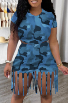Blue Fashion Casual Camouflage Print Tassel O Neck Short Sleeve Two Pieces