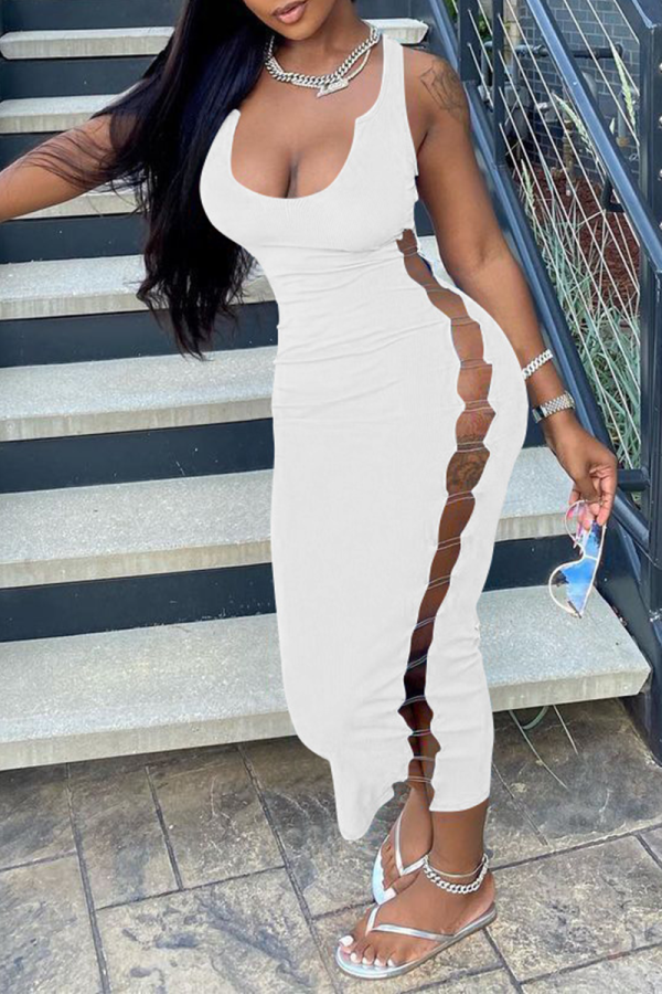 White Sexy Hollowed Out U Neck Pencil Skirt Dresses