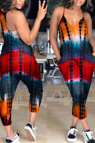 Orange Casual Print Patchwork Pocket Spaghetti Strap Loose Jumpsuits