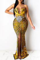 Dark Yellow Sexy Print High Opening Strapless Trumpet Mermaid Dresses