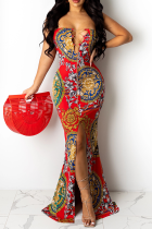 Red Sexy Print High Opening Strapless Trumpet Mermaid Dresses