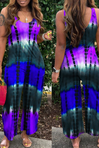 Purple Casual Print Patchwork U Neck Loose Jumpsuits