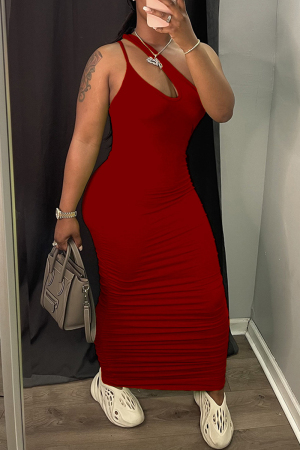 Red Sexy Casual Solid Hollowed Out Fold One Shoulder Sleeveless Dress