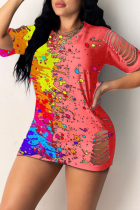 Pink Sexy Casual Print Ripped O Neck Short Sleeve Dress