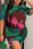 Green Sexy Patchwork Tie-dye O Neck Straight Plus Size Dresses