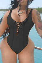 Black Sexy Solid Hollowed Out Draw String Swimwears