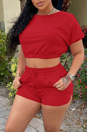 Red Casual Solid Patchwork O Neck Short Sleeve Two Pieces