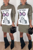 Grey Casual Fashion adult Cap Sleeve Long Sleeves O neck Step Skirt Mini Print Long Sleeve Dre