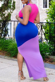 Purple Casual Color Lump Print Patchwork Cardigan O Neck Vest Dress Plus Size Dresses