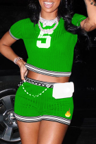 Green Casual Print Patchwork O Neck Short Sleeve Two Pieces