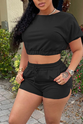 Black Casual Solid Patchwork O Neck Short Sleeve Two Pieces