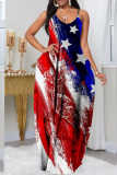 Cream White American Flag Stars Street Print O Neck Sleeveless Floor Length Lantern Skirt Colorblock Loose Cami Maxi Dress