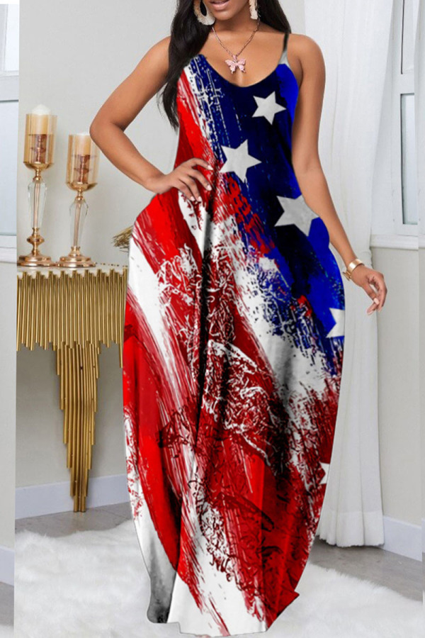 Red Blue American Flag Stars Street Print O Neck Sleeveless Floor Length Lantern Skirt Colorblock Loose Cami Maxi Dress